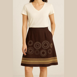 Talbots Linen Skirt Size 8 Brown Abstract Embroidered